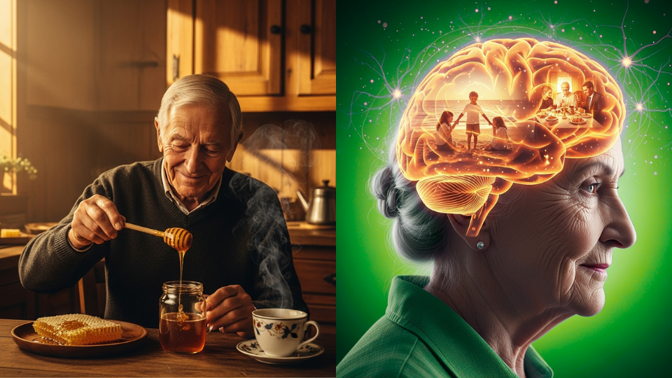 Älterer Mann und jüngere Frau lächelnd, mit einem kleinen Bild, das zeigt, wie eine Flüssigkeit in eine Tasse gegossen wird